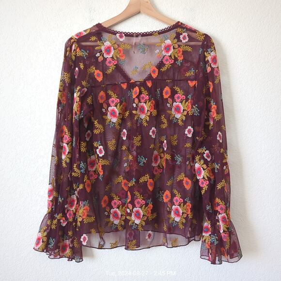 Anthropologie by Feather Bone Floral Embroidered Mesh Blouse Maroon Multi Small - Picture 3 of 9